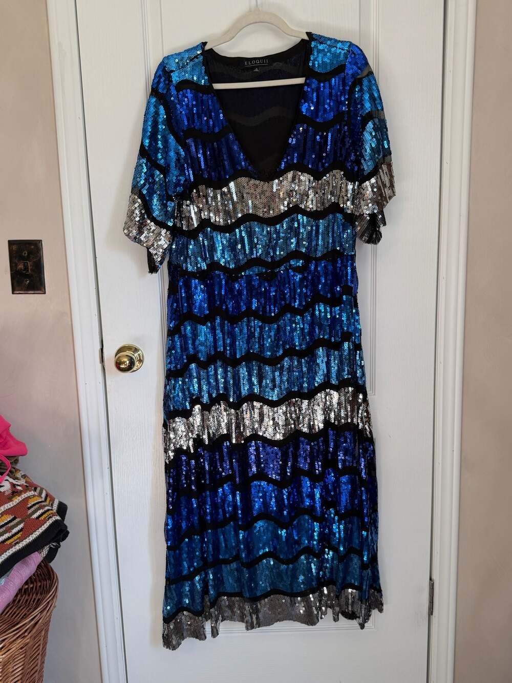 Eloquii Blue Silver Striped Sequin Midi Dress Size 16